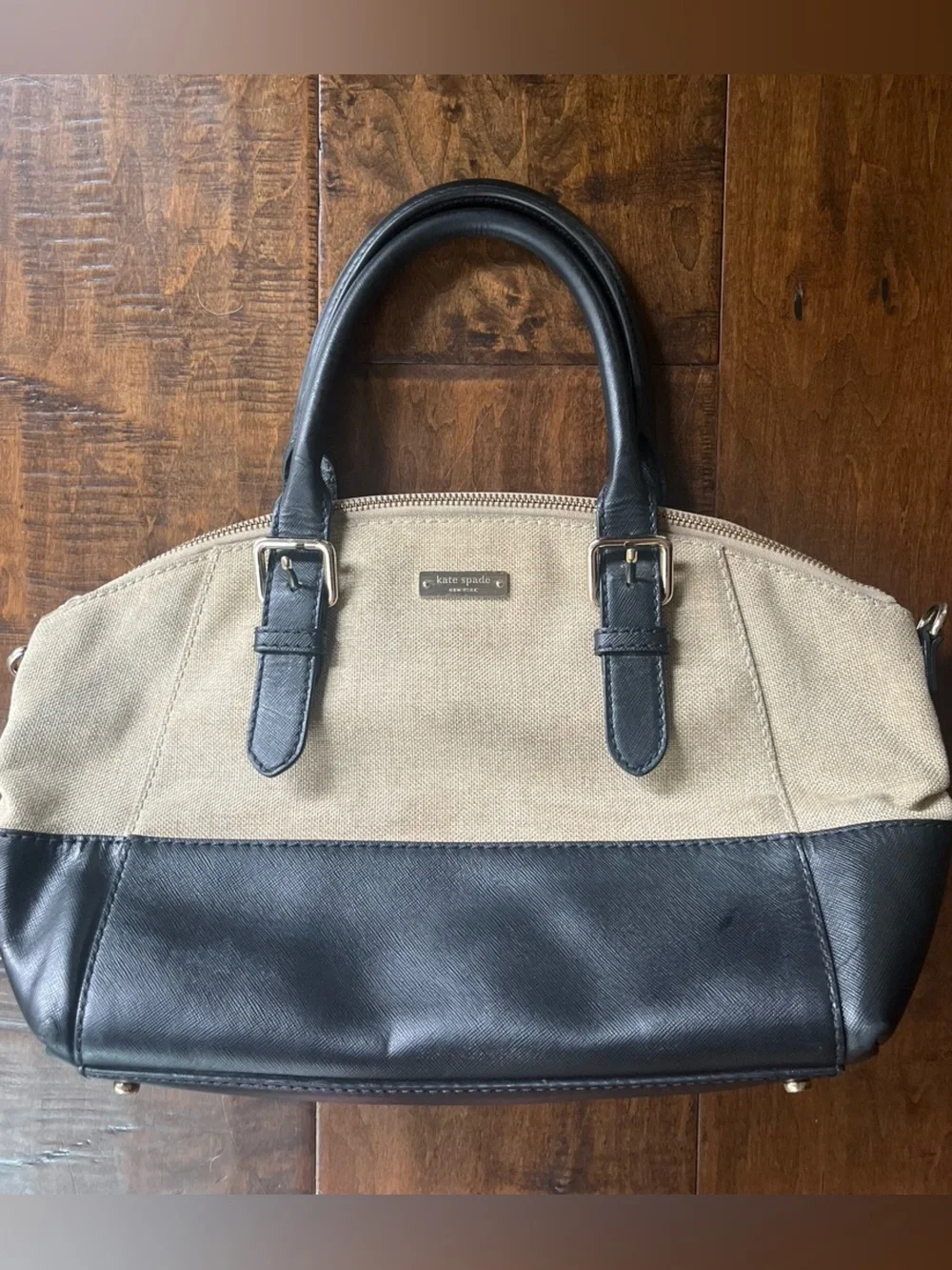 Kate Spade Charlotte Street Sloan Satchel, cream canvas and black leather